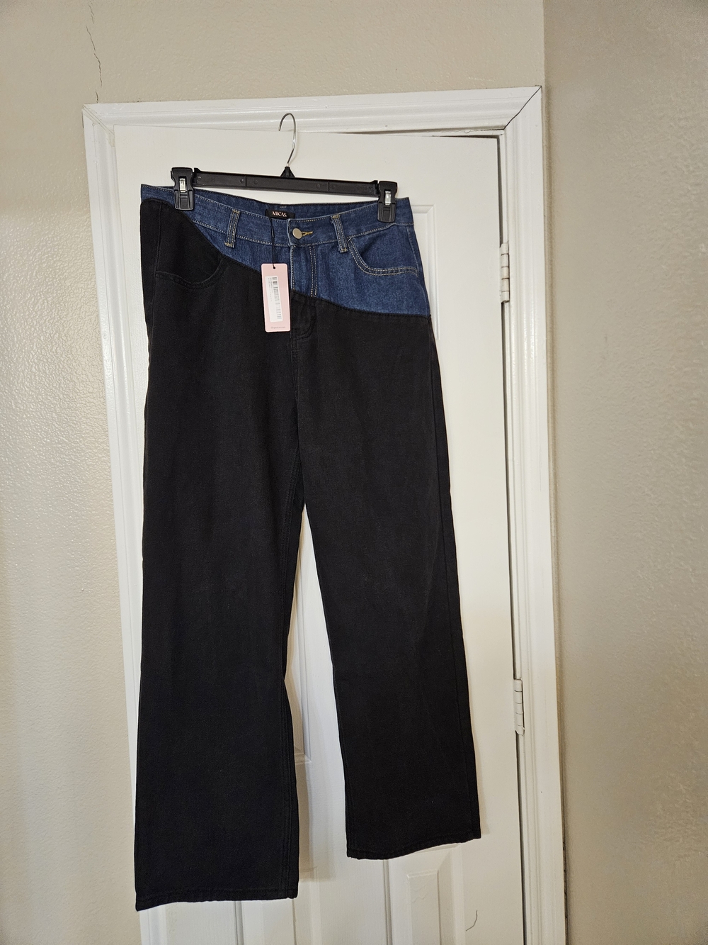 Two-Tone Black and Blue High-Rise Wide Leg Jeans
